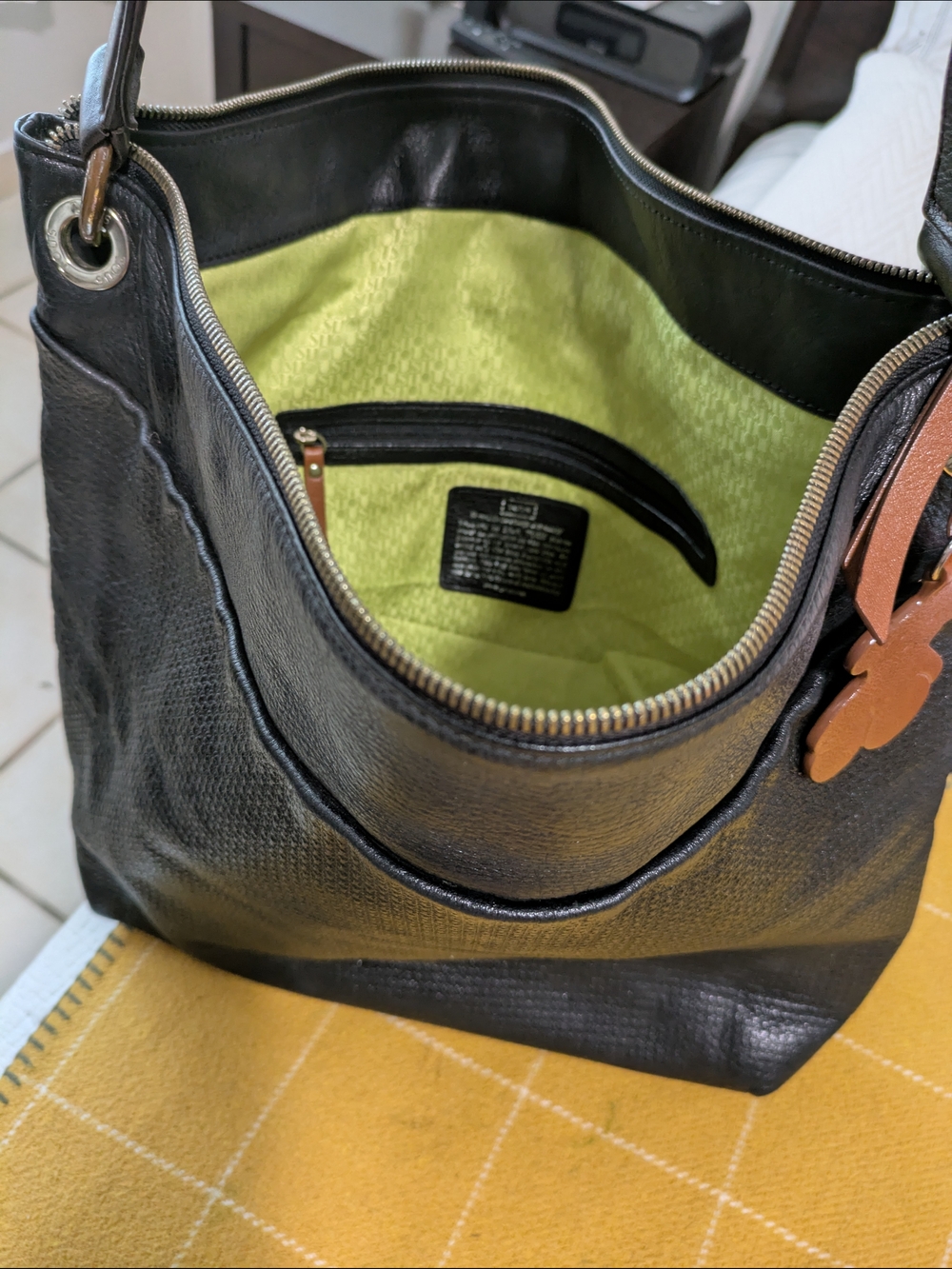 Tous Black Leather Shoulder Bag with Brown Bear Charm & Dark Brown Strap - Picture 7 of 10